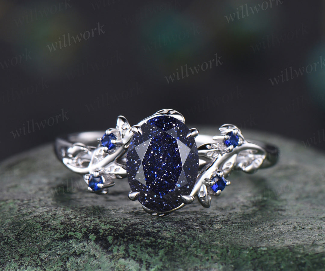 Unique Blue Sandstone Engagement Ring Set Leaf Vine Twig Branch Nature Inspired Ring Set Blue Sapphire 2pcs Bridal Ring Set