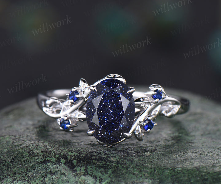 Unique Blue Sandstone Engagement Ring Set Leaf Vine Twig Branch Nature Inspired Ring Set Blue Sapphire 2pcs Bridal Ring Set