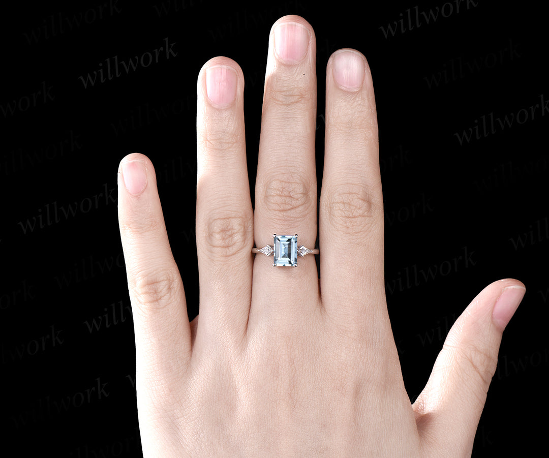 Unique March Birthstone Emerald Cut Natural Aquamarine Engagement Ring Kite Moissanite Three Stone Ring 14k White Gold Bridal Gift For Women