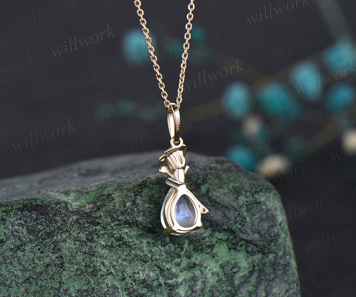 Delicate Pear Cut June Birthstone Natural Moonstone Necklace Flower Moissanite Floral Nature Inspired Pendant 14k Yellow Gold Bridal Gift