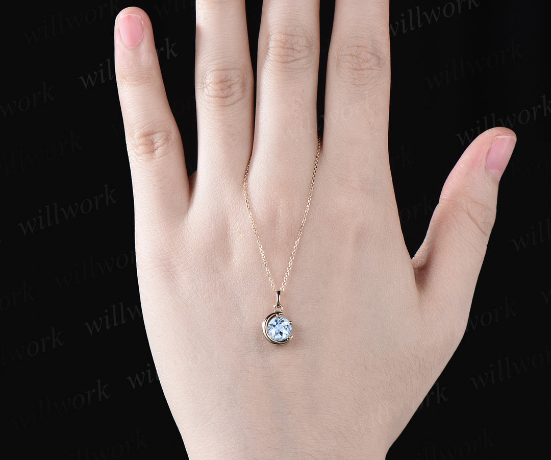 Minimalist March Birthstone Round Cut Natural Aquamarine Necklace Delicate 14k Yellow Gold Moon Pendant Solitaire Necklace Birthday Gift