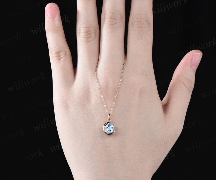 Minimalist March Birthstone Round Cut Natural Aquamarine Necklace Delicate 14k Yellow Gold Moon Pendant Solitaire Necklace Birthday Gift