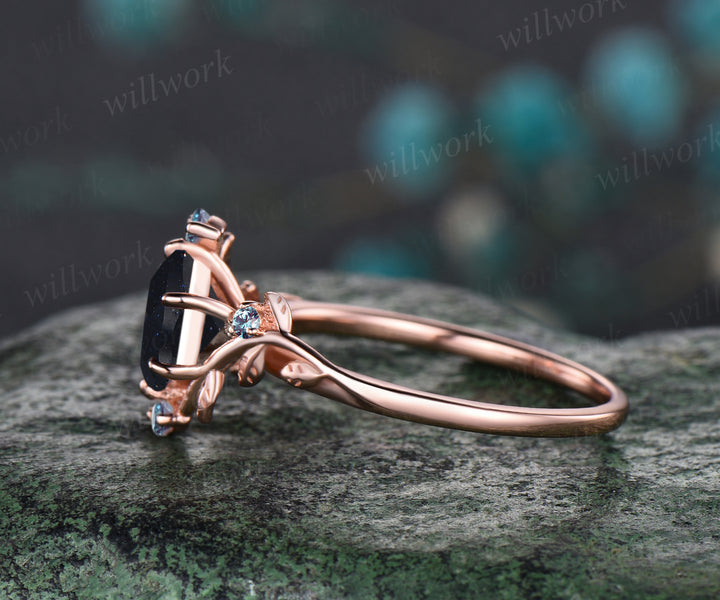 Hexagon Cut Galaxy Blue Sandstone Engagement Wedding Ring Alexandrite Leaf Vine Twig Branch Nature Inspired Ring Five Stone Healing Jewelry