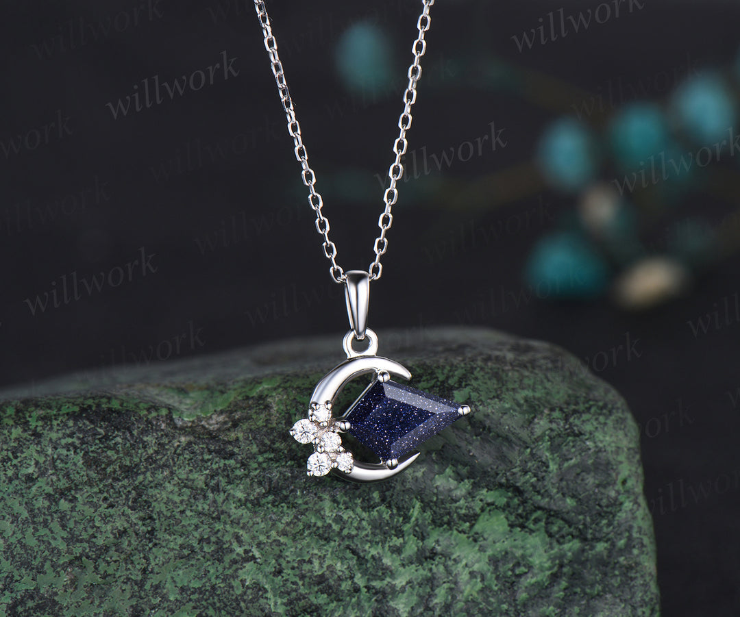 Minimalist Moon Necklace Delicate Kite Cut Galaxy Blue Sandstone Round Moissanite Cluster Pendant Art Deco Healing Jewelry Gift