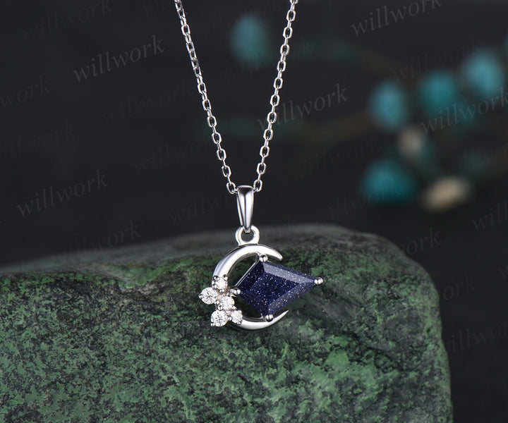 Minimalist Moon Necklace Delicate Kite Cut Galaxy Blue Sandstone Round Moissanite Cluster Pendant Art Deco Healing Jewelry Gift