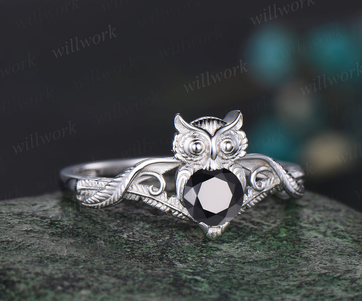 Unique Branch Twig Vine Owl Engagement Ring Round Black Onyx Wedding Ring Cute Owl Antique Nature Inspired Black Onyx Jewelry