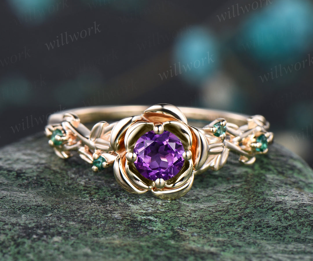 Round Cut February Birthstone Natural Amethyst Engagement Ring Set Unique Emerald Rose Flower Leaf Floral Vine Twig Branch Nature Inspired 2pcs Bridal Wedding Ring Set