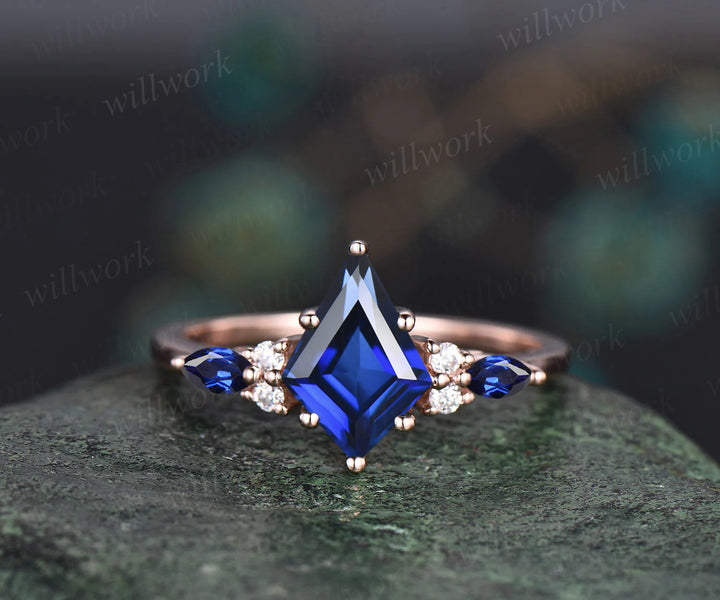 Unique Kite Cut September Birthstone Blue Sapphire Engagement Ring Set Art Deco Moissanite Diamond Curved V Shaped Wedding Band