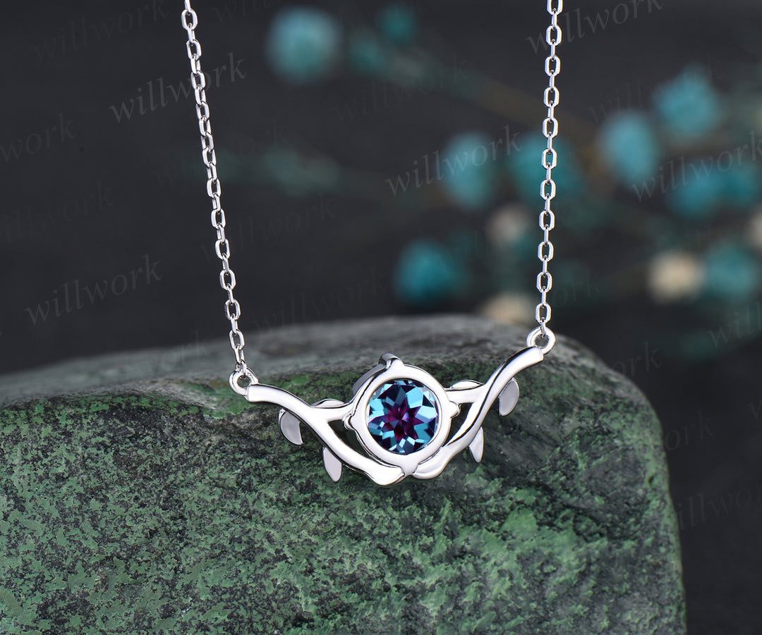 Unique Round Cut June Birthstone Alexandrite Necklace Art Deco Leaf Vine Twig Branch Nature Inspired Pendant Minimalist Solitaire Necklace