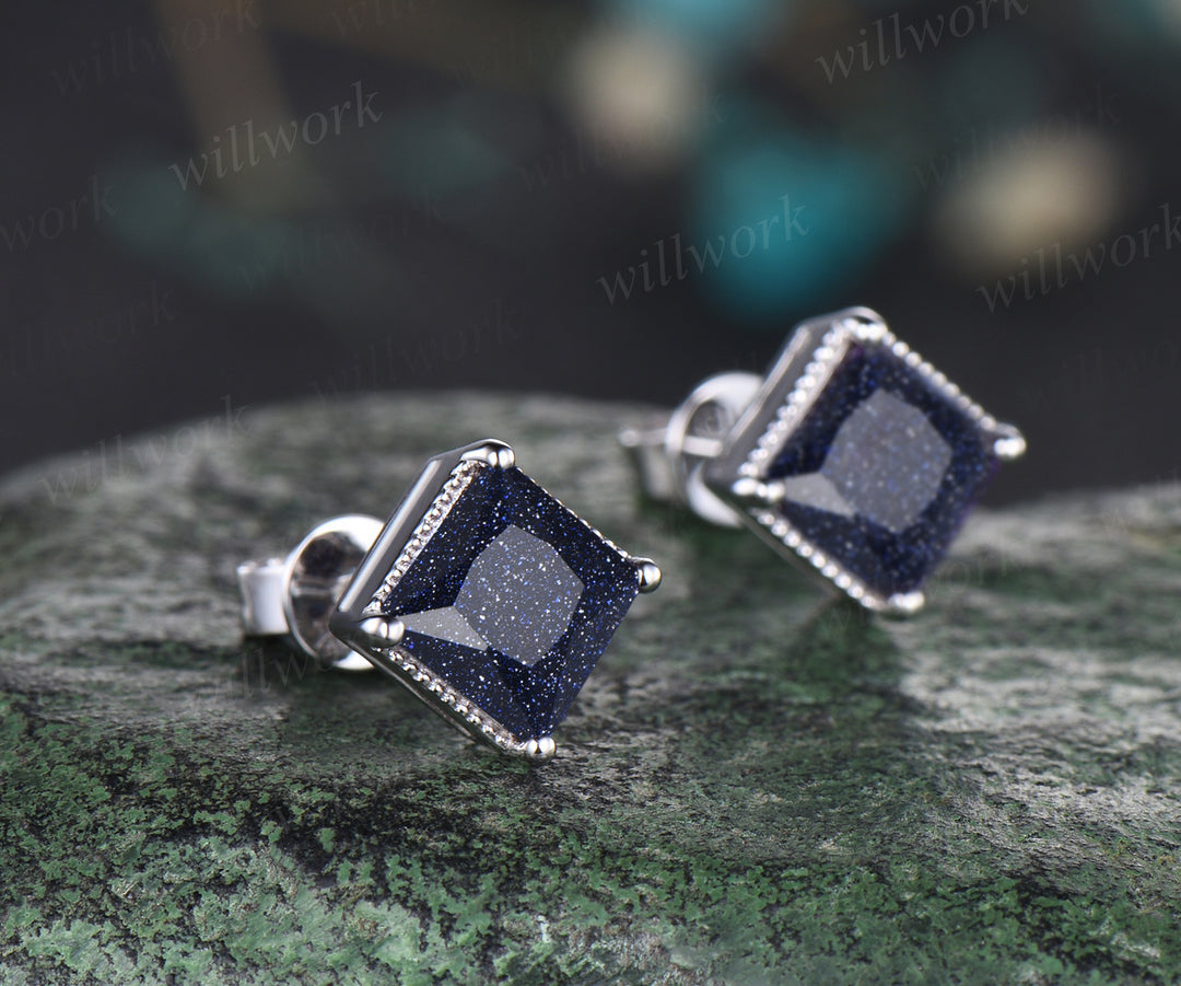 Milgrain Princess Cut Blue Sandstone Solitaire Earrings Vintage Antique Blue Gemstone Galaxy Healing Stud Earrings Delicate Night Sky Promise Earrings