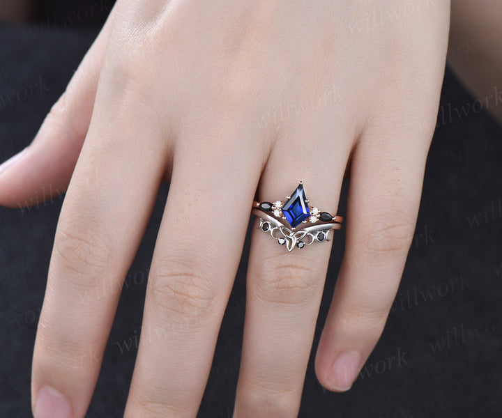Kite Cut September Birthstone Blue Sapphire Engagement Ring Set Unique Black Spinel Moissanite Celtic Knot 2pcs Bridal Ring Set