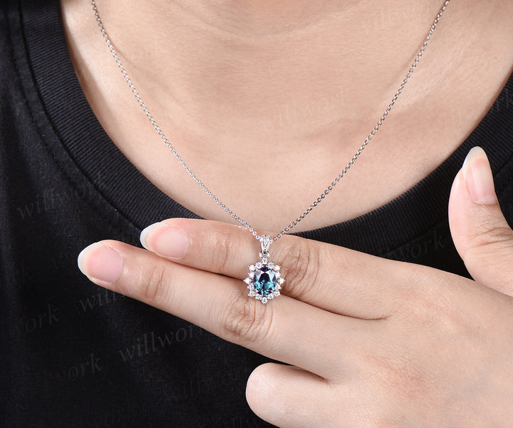 Minimalist Oval Cut Alexandrite Necklace Delicate Moissanite Halo Pendant June Birthstone Custom Bridal Necklace Anniversary Jewelry