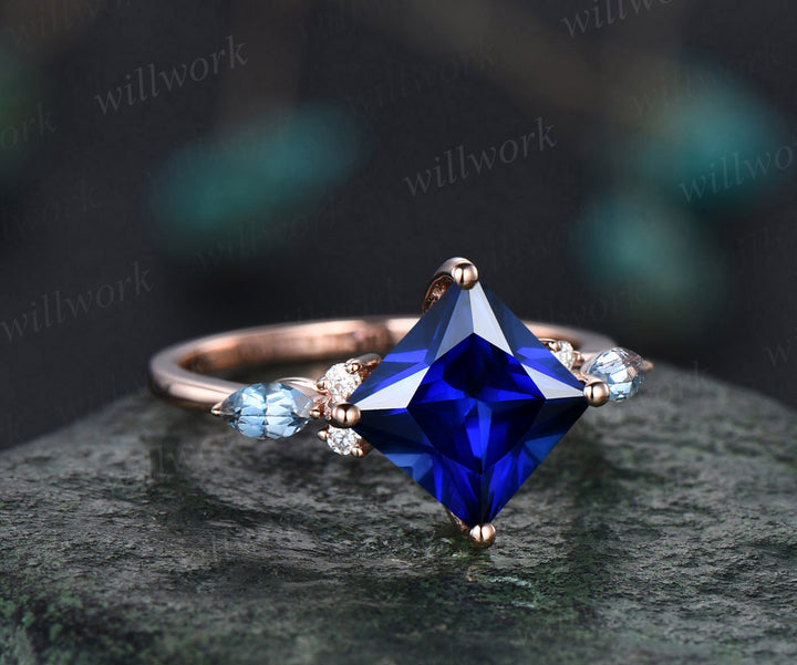 Unique Princess Cut September Birthstone Blue Sapphire Engagement Ring Set 14k Rose Gold Blue Topaz Moissanite Halo Cluster 3pcs Bridal Ring Set