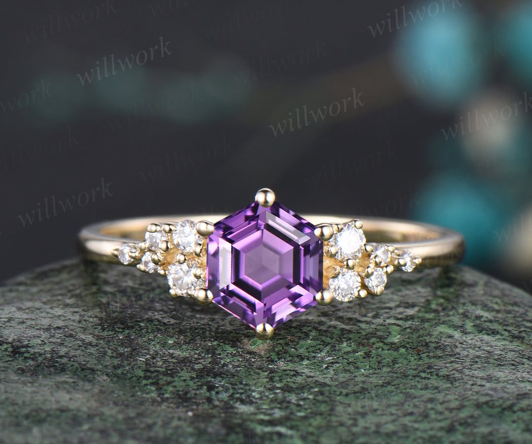 Unique February Birthstone Hexagon Cut Natural Amethyst Engagement Ring Set 14k Yellow Gold Moissanite Snowdrift 2pcs Bridal Ring Set