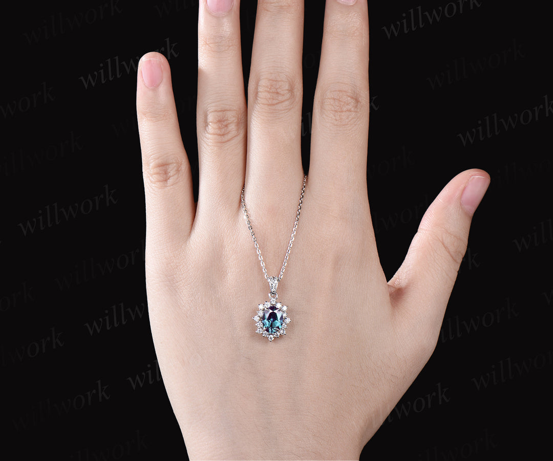Minimalist Oval Cut Alexandrite Necklace Delicate Moissanite Halo Pendant June Birthstone Custom Bridal Necklace Anniversary Jewelry