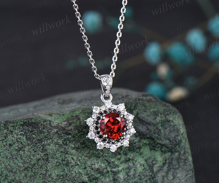 Unique Round Cut Natural Garnet Necklace Minimalist Double Halo Moissanite Black Spinel Diamond Pendant 14k White Gold January Birthstone Jewelry