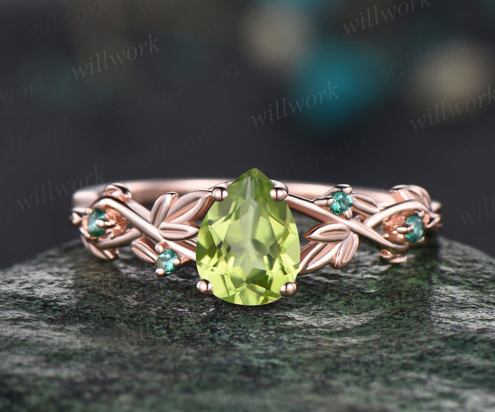 Pear Shaped August Birthstone Natural Peridot Engagement Ring Set Unique Leaf Floral Vine Twig Branch Nature Inspired Emerald Ring 14k Rose Gold 2pcs Bridal Ring Set