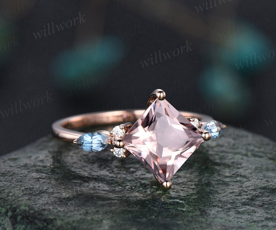 Art Deco Princess Cut Natural Morganite Engagement Ring Set 14k Rose Gold Blue Topaz Moissanite 3pcs Bridal Ring Set