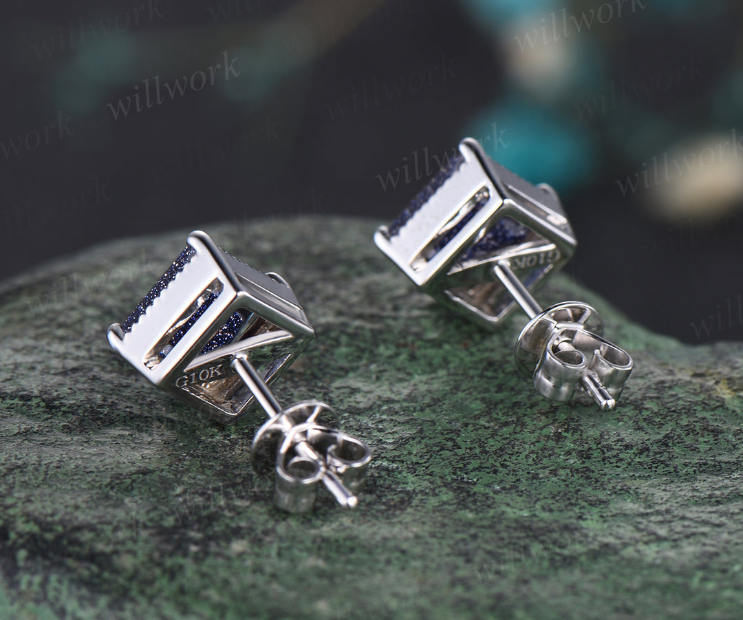 Milgrain Princess Cut Blue Sandstone Solitaire Earrings Vintage Antique Blue Gemstone Galaxy Healing Stud Earrings Delicate Night Sky Promise Earrings