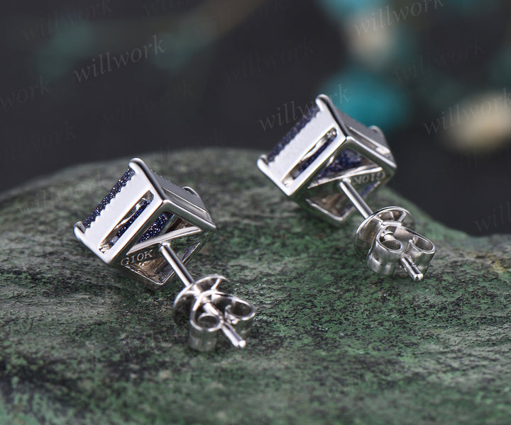 Milgrain Princess Cut Blue Sandstone Solitaire Earrings Vintage Antique Blue Gemstone Galaxy Healing Stud Earrings Delicate Night Sky Promise Earrings