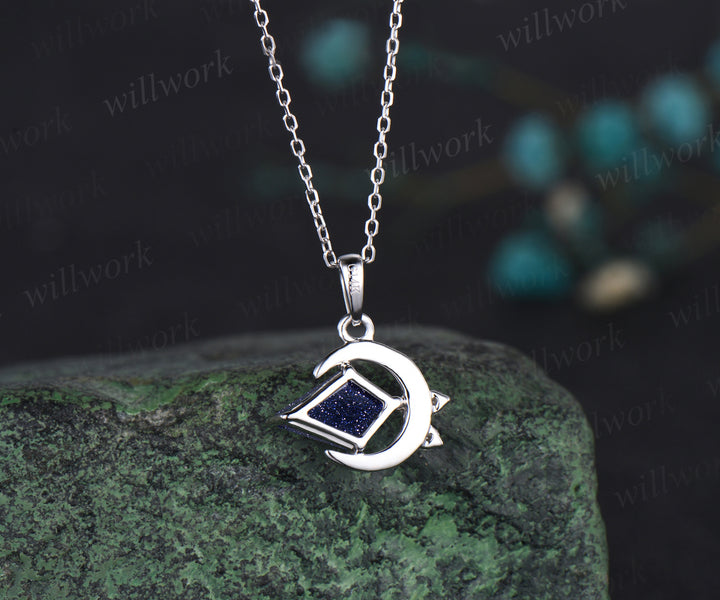 Minimalist Moon Necklace Delicate Kite Cut Galaxy Blue Sandstone Round Moissanite Cluster Pendant Art Deco Healing Jewelry Gift