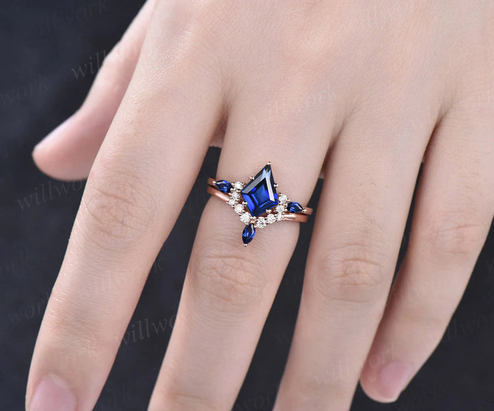 Unique Kite Cut September Birthstone Blue Sapphire Engagement Ring Set Art Deco Moissanite Diamond Curved V Shaped Wedding Band