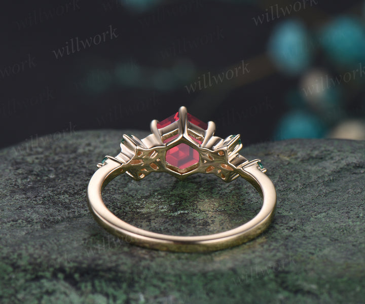 Vintage July Birthstone Hexagon Cut Ruby Engagement Ring Art Deco Celtic Knot Wedding Ring Antique Seven Stone Emerald Bridal Ring Mother Gift