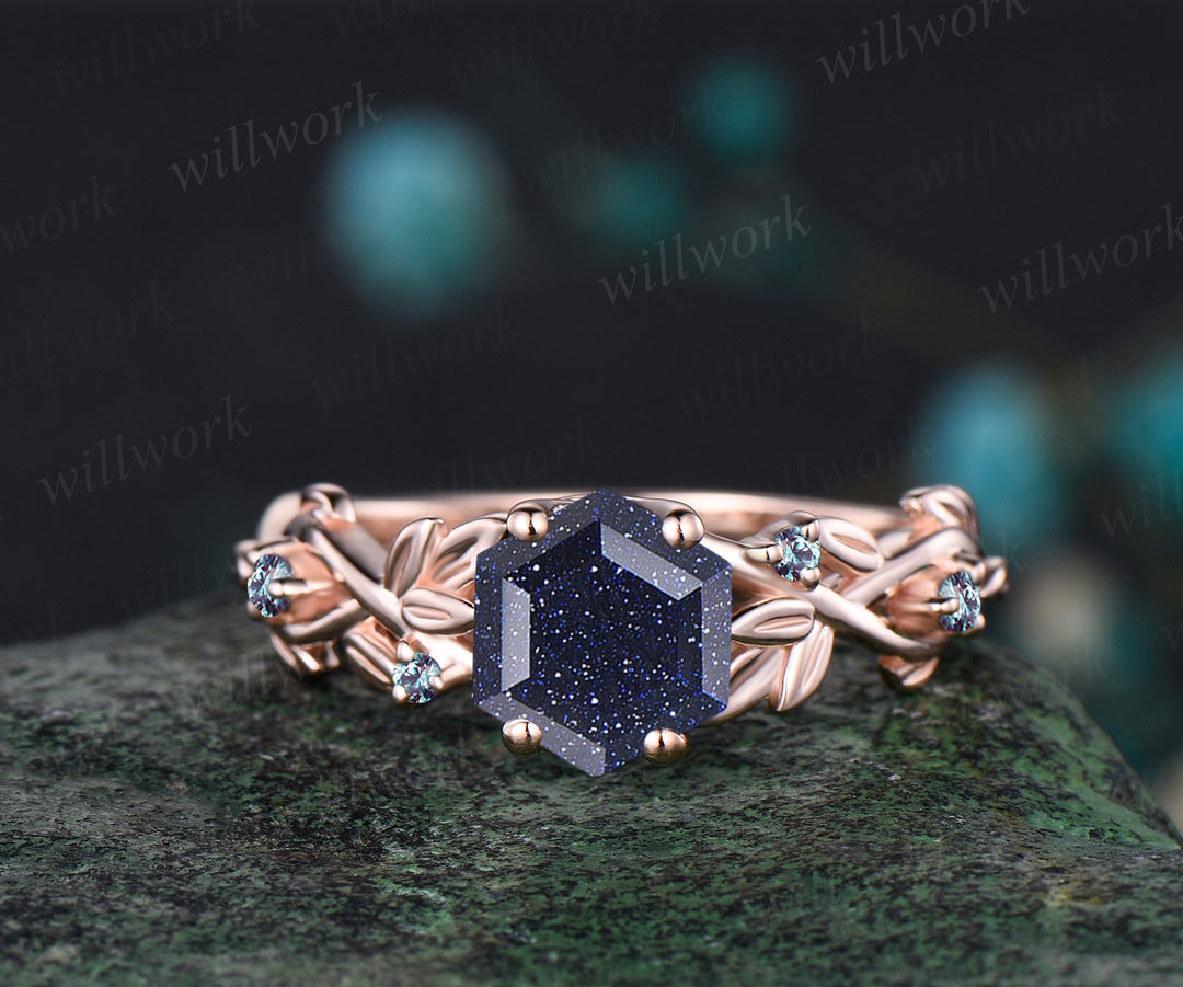 Unique Leaf Flower Vine Twig Branch Nature Inspired Engagement Ring Set Galaxy Blue Sandstone Alexandrite Wedding Ring 14k Rose Gold 2pcs Bridal Ring Set