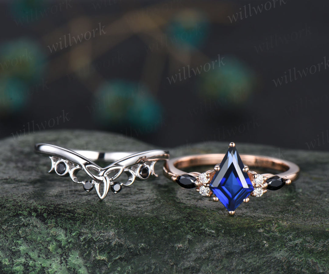 Kite Cut September Birthstone Blue Sapphire Engagement Ring Set Unique Black Spinel Moissanite Celtic Knot 2pcs Bridal Ring Set