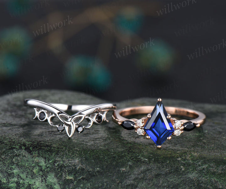 Kite Cut September Birthstone Blue Sapphire Engagement Ring Set Unique Black Spinel Moissanite Celtic Knot 2pcs Bridal Ring Set