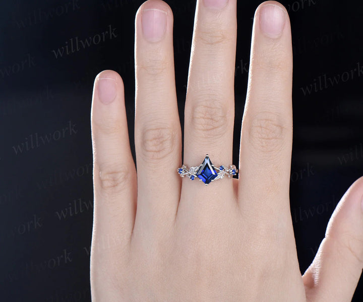 Twig Blue Sapphire ring vintage kite cut September Birthstone Blue Sapphire engagement ring nature inspired rose gold ring leaf women unique wedding ring