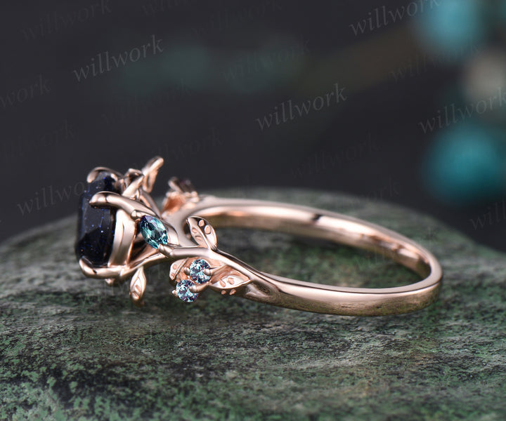 Galaxy Round Cut Blue Sandstone Engagement Ring Leaf Vine Twig Branch Nature Inspired Wedding Ring Alexandrite Bridal Ring Floral Healing Jewelry