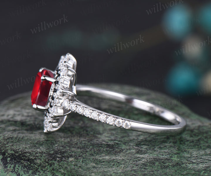 January Birthstone Natural Garnet Engagement Ring Unique Round Cut Garnet Double Halo Black Diamond Spinel Moissanite Wedding Ring