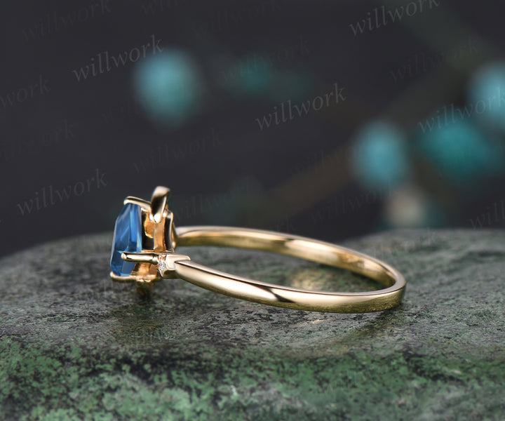 Delicate Kite Cut Natural London Blue Topaz Engagement Ring Unique December Birthstone Blue Topaz Cluster Moon Star Wedding Ring Promise Gift For Women