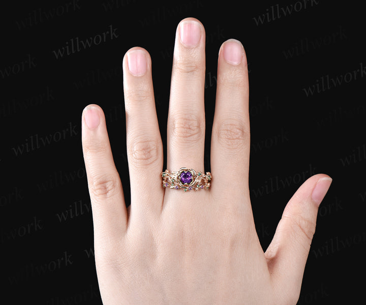 Round Cut February Birthstone Natural Amethyst Engagement Ring Set Unique Emerald Rose Flower Leaf Floral Vine Twig Branch Nature Inspired 2pcs Bridal Wedding Ring Set