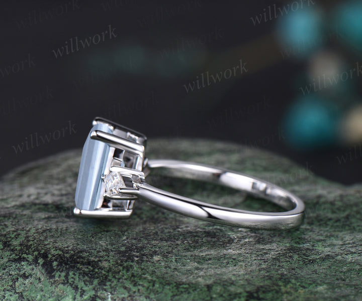 Unique March Birthstone Emerald Cut Natural Aquamarine Engagement Ring Kite Moissanite Three Stone Ring 14k White Gold Bridal Gift For Women