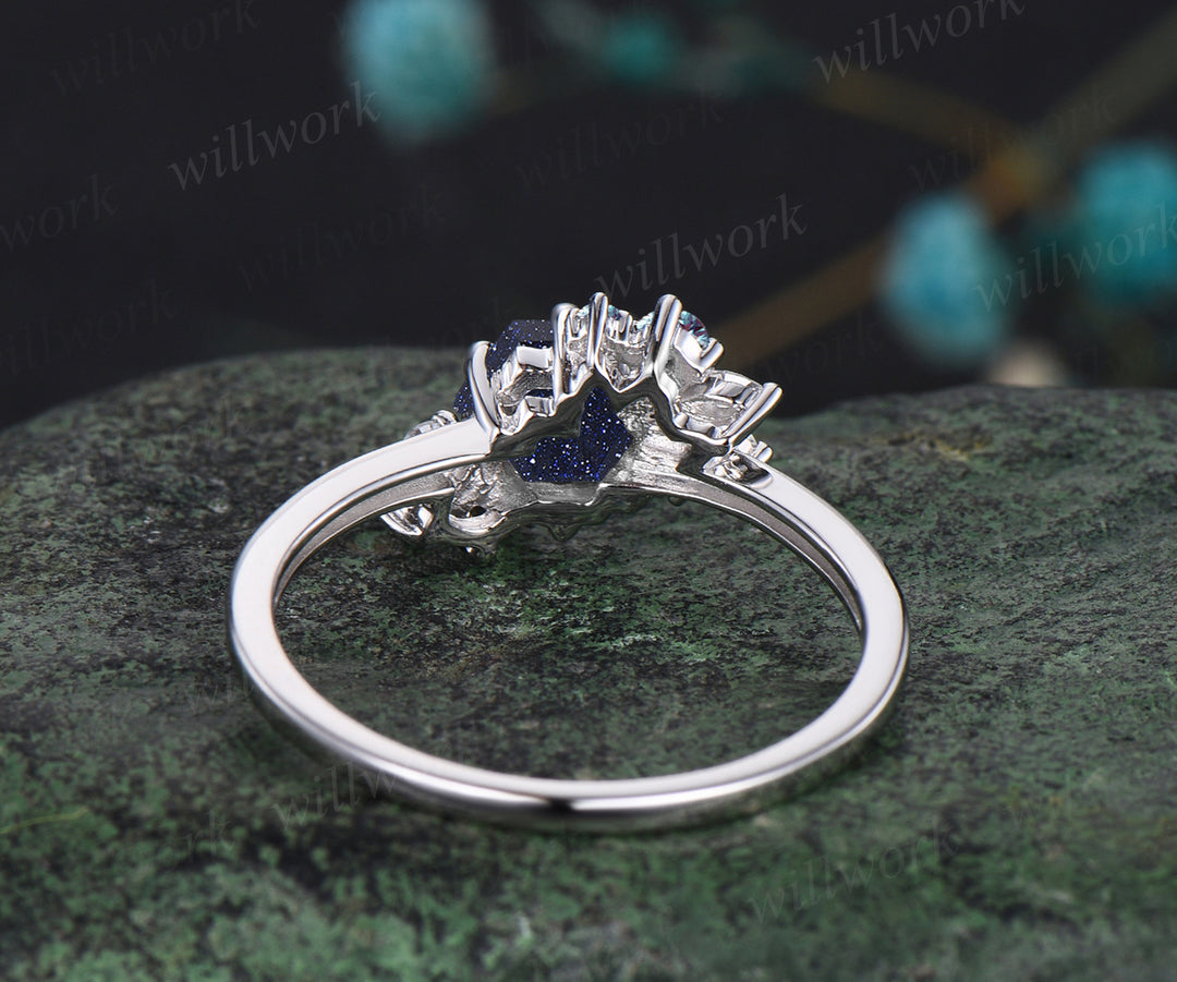 Galaxy Hexagon Cut Blue Sandstone Engagement Ring Moissanite Diamond Alexandrite Cluster Wedding Ring 14k White Gold Healing Jewelry