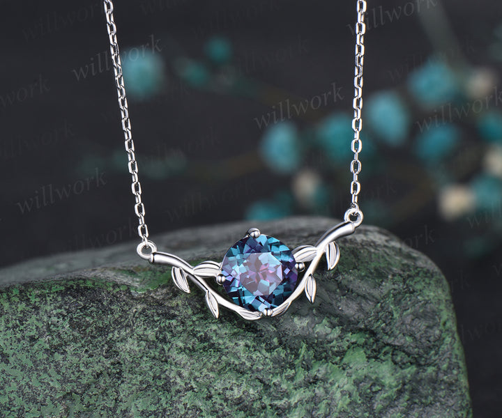 Unique Round Cut June Birthstone Alexandrite Necklace Art Deco Leaf Vine Twig Branch Nature Inspired Pendant Minimalist Solitaire Necklace