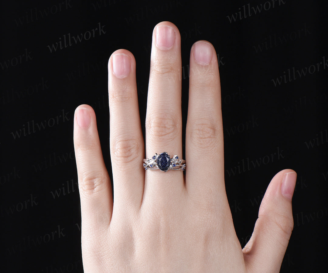 Unique Blue Sandstone Engagement Ring Set Leaf Vine Twig Branch Nature Inspired Ring Set Blue Sapphire 2pcs Bridal Ring Set