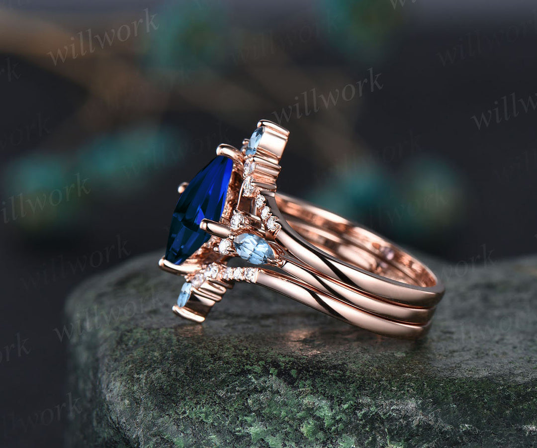 Unique Princess Cut September Birthstone Blue Sapphire Engagement Ring Set 14k Rose Gold Blue Topaz Moissanite Halo Cluster 3pcs Bridal Ring Set