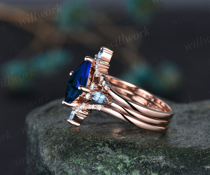 Unique Princess Cut September Birthstone Blue Sapphire Engagement Ring Set 14k Rose Gold Blue Topaz Moissanite Halo Cluster 3pcs Bridal Ring Set