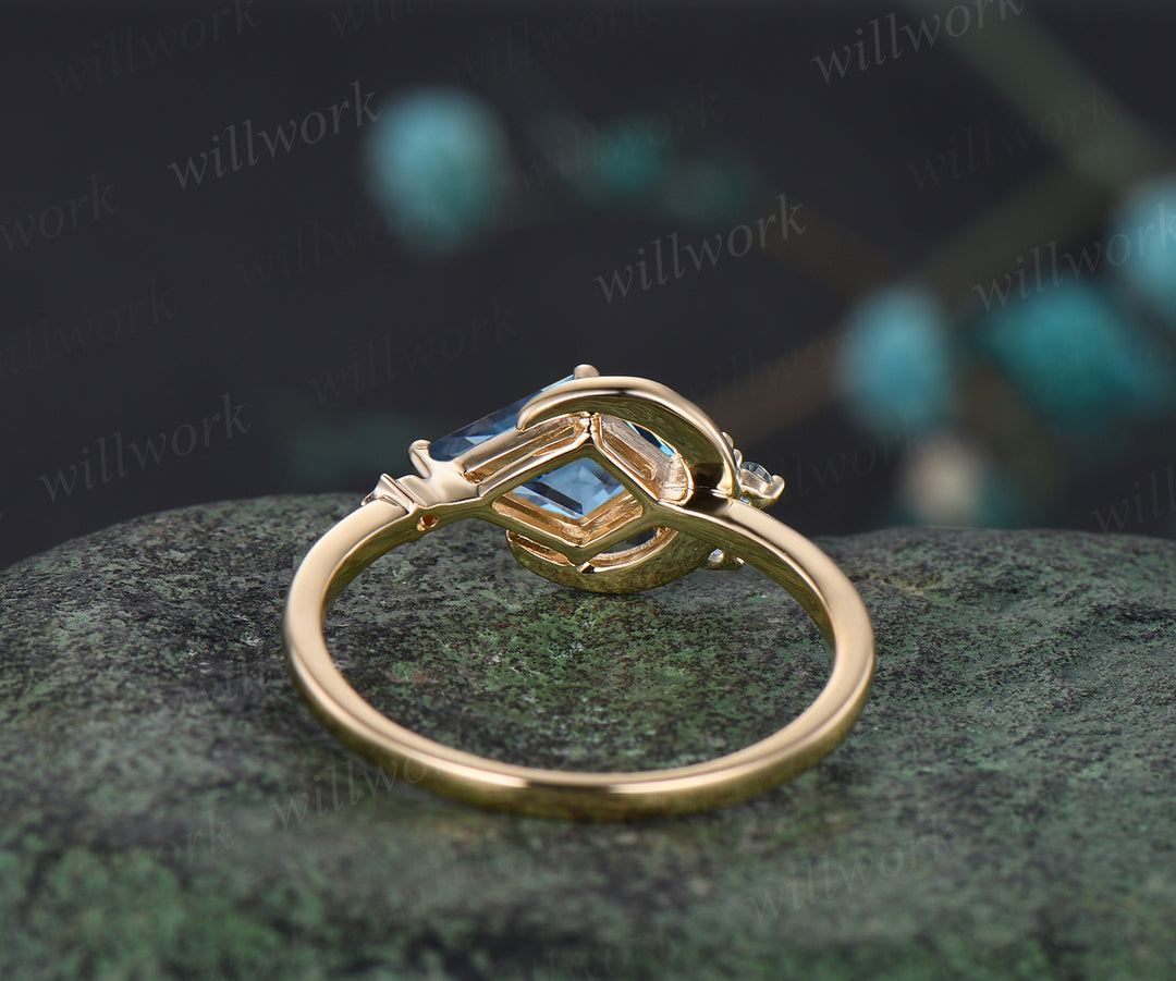 Delicate Kite Cut Natural London Blue Topaz Engagement Ring Unique December Birthstone Blue Topaz Cluster Moon Star Wedding Ring Promise Gift For Women