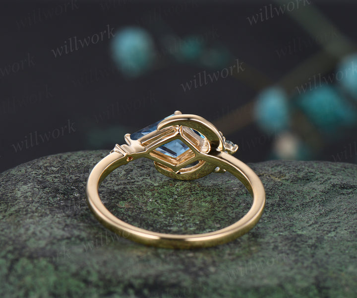 Delicate Kite Cut Natural London Blue Topaz Engagement Ring Unique December Birthstone Blue Topaz Cluster Moon Star Wedding Ring Promise Gift For Women