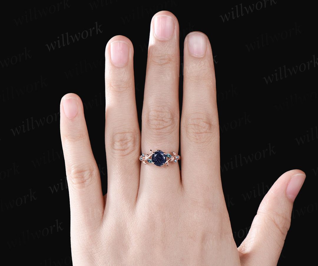 Galaxy Round Cut Blue Sandstone Engagement Ring Leaf Vine Twig Branch Nature Inspired Wedding Ring Alexandrite Bridal Ring Floral Healing Jewelry