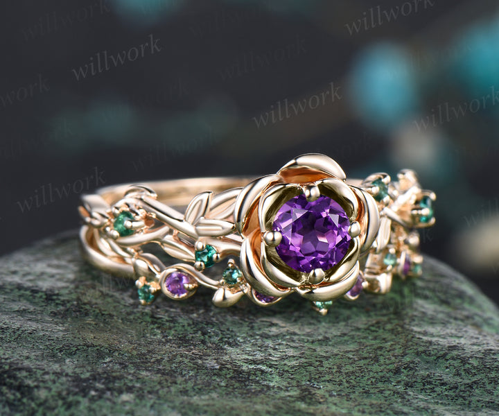 Round Cut February Birthstone Natural Amethyst Engagement Ring Set Unique Emerald Rose Flower Leaf Floral Vine Twig Branch Nature Inspired 2pcs Bridal Wedding Ring Set