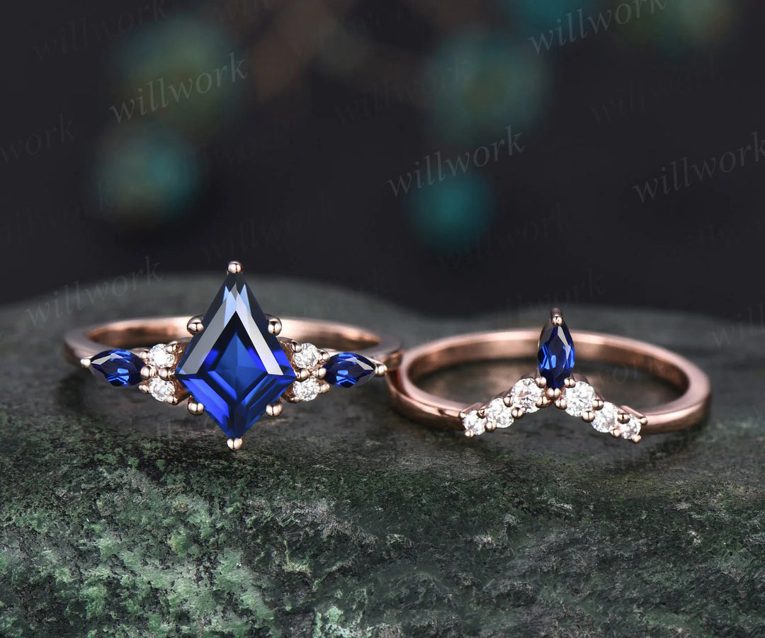 Unique Kite Cut September Birthstone Blue Sapphire Engagement Ring Set Art Deco Moissanite Diamond Curved V Shaped Wedding Band