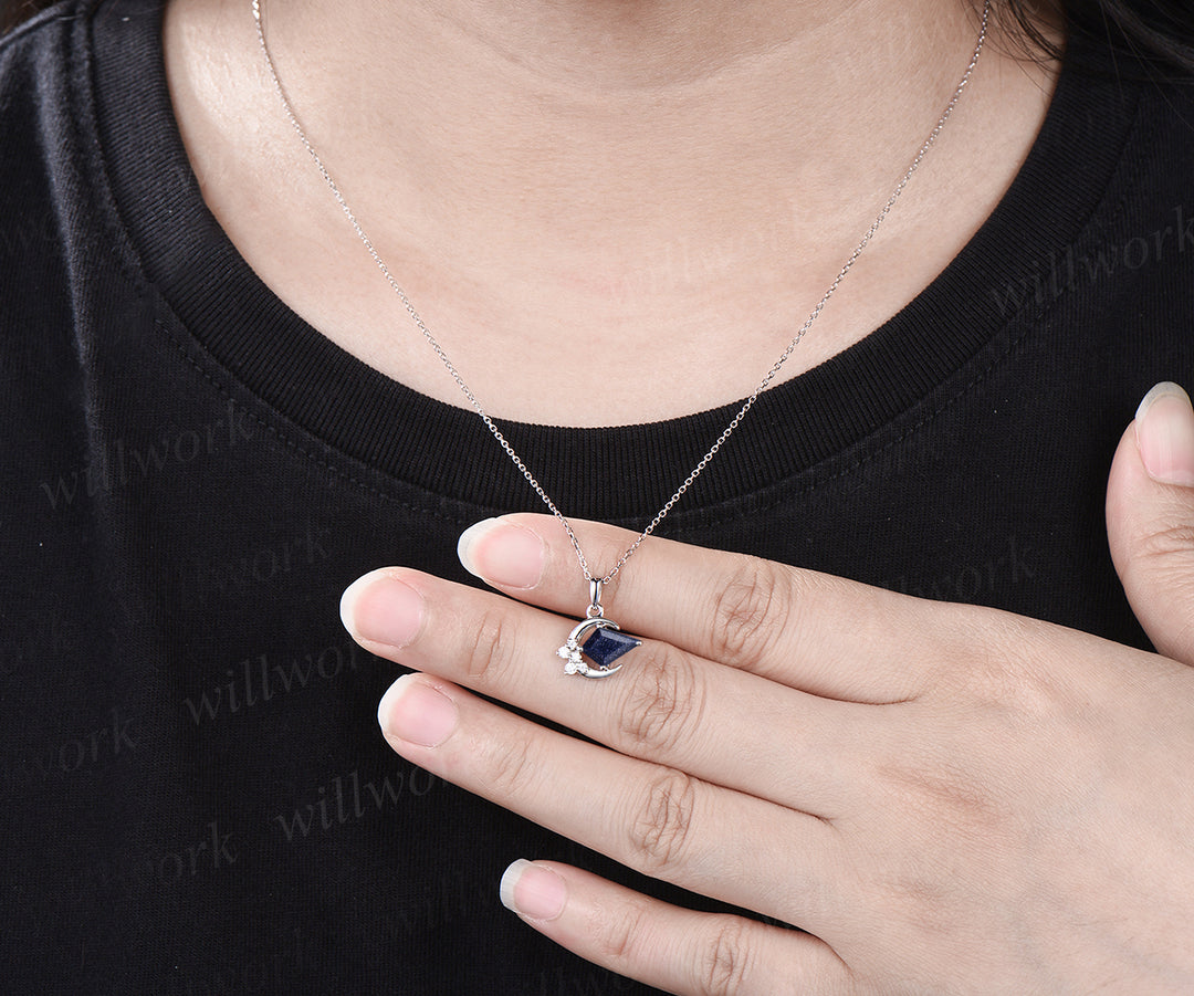 Minimalist Moon Necklace Delicate Kite Cut Galaxy Blue Sandstone Round Moissanite Cluster Pendant Art Deco Healing Jewelry Gift