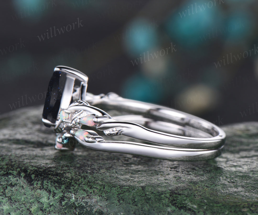 Pear Cut Galaxy Blue Sandstone Engagement Ring Unique Opal Alexandrite Five Stone Wedding Band Art Deco Leaf Vine Twig Branch Nature Inspired 2pcs Bridal Anniversary Ring Set Healing Jewelry
