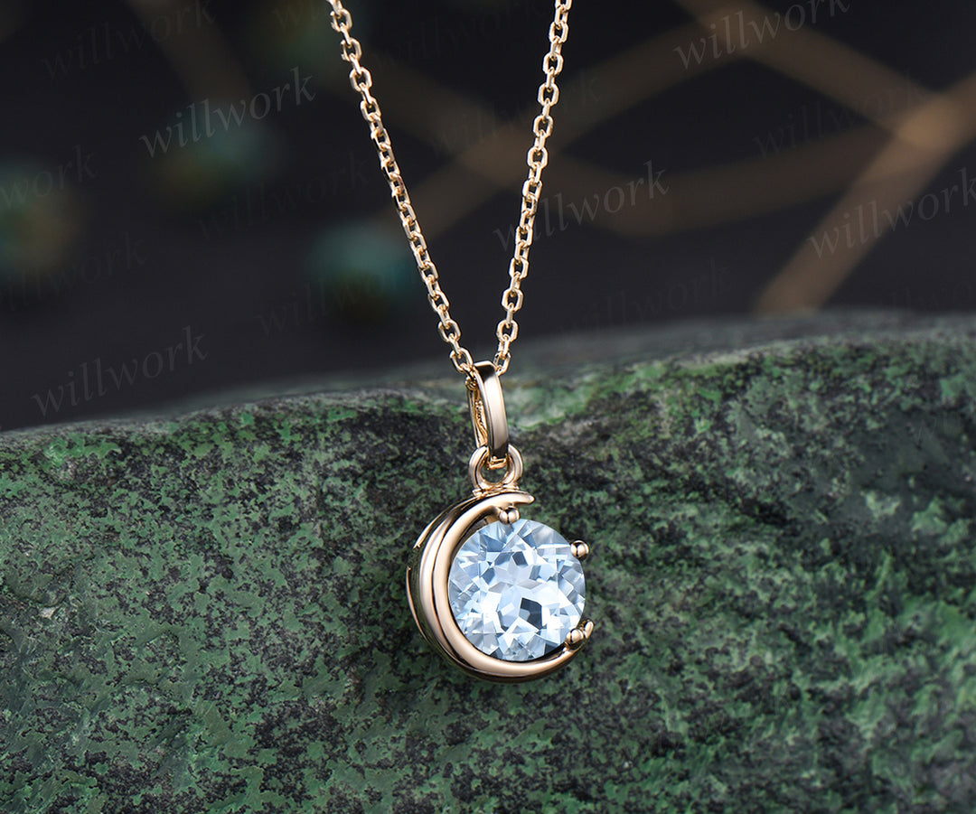 Minimalist March Birthstone Round Cut Natural Aquamarine Necklace Delicate 14k Yellow Gold Moon Pendant Solitaire Necklace Birthday Gift