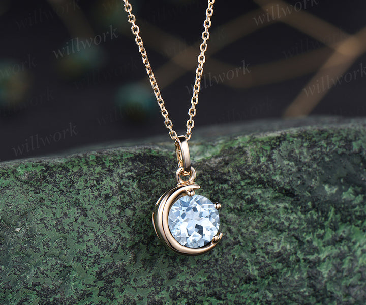 Minimalist March Birthstone Round Cut Natural Aquamarine Necklace Delicate 14k Yellow Gold Moon Pendant Solitaire Necklace Birthday Gift